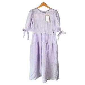 Monki : NEW $79 Lilac Purple Jacquard Puff Sleeve Midi Dress with Tie Cuffs : M